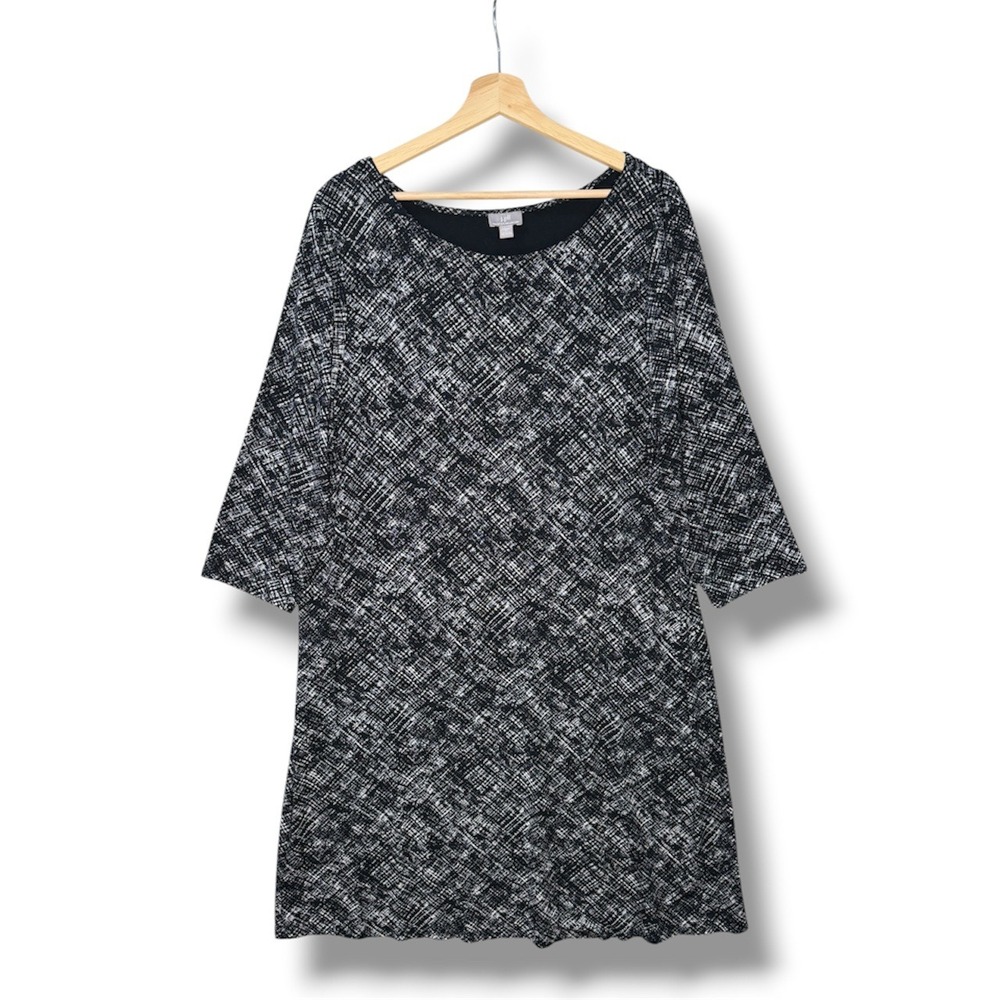 J. Jill Wearever Black White Crosshatch Stretch Shift Dress Womens XL 3/4 Sleeve